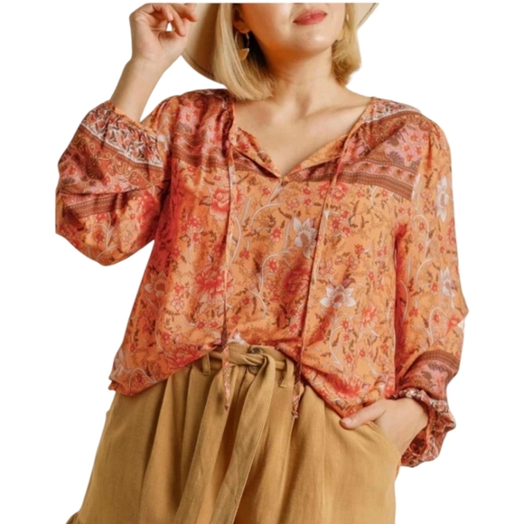 Orange Floral Peasant Top Lightweight Festival Flowy Rayon Blouse By Umgee Sz M - Picture 4 of 11